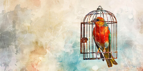 Caged Bird: The Confined Bird and Longing for Freedom - Visualize a bird in a cage, symbolizing the confinement and longing for freedom experienced by animals in a lab