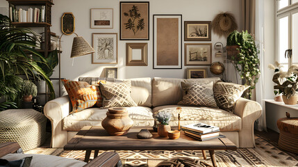 Cozy and Inviting Living Room Embellished with Rustic Décor and Nature-Inspired Elements