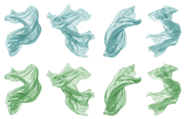 2 Collection set of pastel green turquoise blue silk satin cloth fabric floating flying in the air on transparent background cutout, PNG file. Mockup template for artwork graphic design