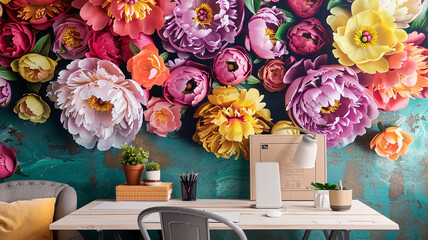 A vibrant home office space featuring one accent wall with 3D wallpaper showcasing an array of...