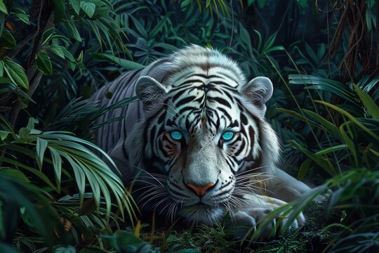 A white tiger is prowling in the forest with blue eyes.