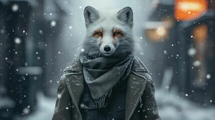 Stylish polar fox roams city streets in tailored elegance, epitomizing street style. The realistic urban backdrop frames this arctic creature, seamlessly merging snowy charm with contemporary flair in - obrazy, fototapety, plakaty