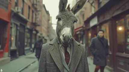 Fotobehang Dapper donkey strides through city streets in tailored elegance, embodying street style. The realistic urban backdrop frames this fashionable equine, seamlessly merging charm with contemporary flair i © Дмитрий Симаков