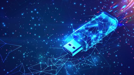 USB flash drive from futuristic polygonal blue lines and glowing stars for banner, poster, greeting card. AI generated - obrazy, fototapety, plakaty