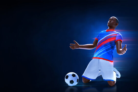 3d illustration young professional soccer player celebration on dark blue background