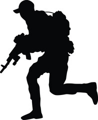 Silhouette of full armor soldier. Military men wearing uniform illustration. Army pose using riffle weapon