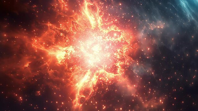 Closeup of a of glowing hot embers spewing from the core of the supernova and spreading out into space. .