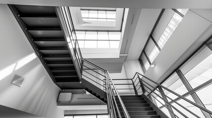 Abstraction of metal stairs, railings and ceilings. Black and white photo