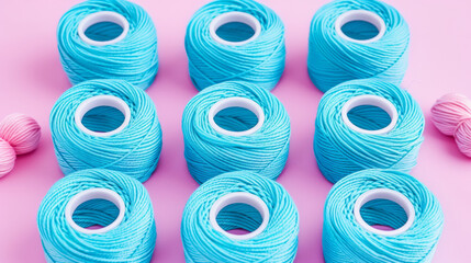 A row of blue yarns are arranged in a pattern on a pink background. The blue yarns are arranged in a grid, with each row and column containing the same number of yarns