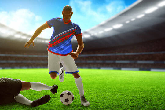 3d illustration young professional soccer player running dribbling and slide tackle in the stadium field with blue sky