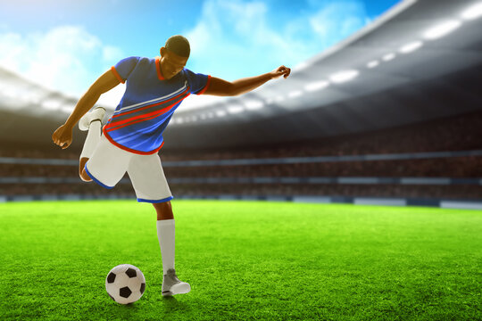 3d illustration young professional soccer player kicking ball in the stadium field with sunset sky