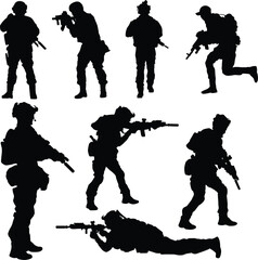 silhouettes of soldiers in uniform. Soldier full armor illustration in various pose