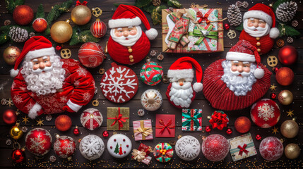 Fototapeta na wymiar A collection of Christmas decorations including Santa Claus figurines, ornaments, and gifts. The scene conveys a festive and joyful mood, as it is a representation of the holiday season