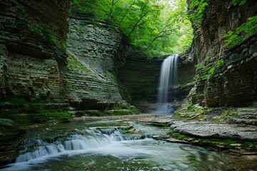 A raging waterfall in a lush valley - obrazy, fototapety, plakaty