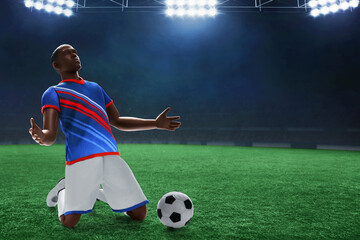 3d illustration young professional soccer player celebration in the stadium field at night