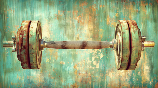 A rusty old dumbbell is shown in a green and brown background. The image has a vintage and worn-out feel to it, with the dumbbell appearing to be a relic from a bygone era