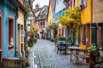 A charming European cobblestone street lined with colorful buildings and cafes