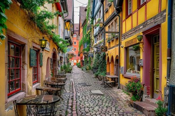 Fototapeta na wymiar A charming European cobblestone street lined with colorful buildings and cafes