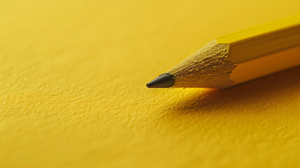 A pencil is on a yellow surface. The pencil is sharpened and has a black tip. The yellow surface is a bit rough and uneven