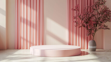 Modern Pink Interior with Cherry Blossoms in Vase - obrazy, fototapety, plakaty