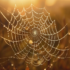 Vector 3D close-up of a dew-covered spider web, shimmering droplets, morning light,