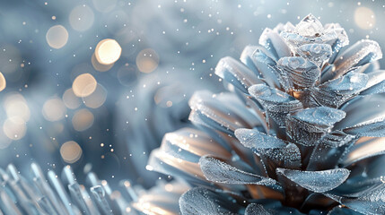 Vector 3D close-up of a frosted pine cone, ice crystals on scales, winter theme