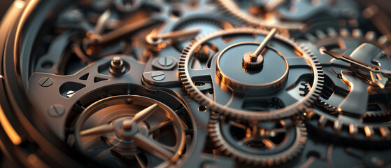 Vector 3D close-up of a mechanical watch face, intricate gears and hands, precision concept