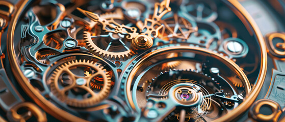Vector 3D close-up of a mechanical watch face, intricate gears and hands, precision concept