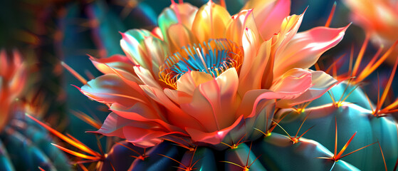 Vector 3D close-up of a blooming cactus flower, vibrant petals and sharp spines