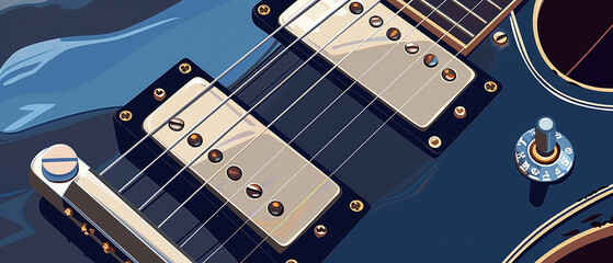 Vector 3D close-up of an electric guitar body, strings and pickups, music production - obrazy, fototapety, plakaty