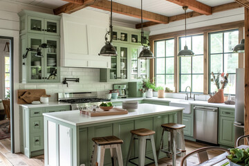Modern cottage interior design of kitchen with island and stools. Farmhouse kitchen green and white cabinets. - obrazy, fototapety, plakaty
