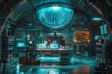 A futuristic room with a large window and a computer monitor - obrazy, fototapety, plakaty