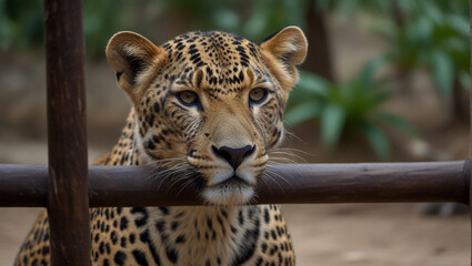 A leopard is resting it's head on a wooden railing. The background is blurred.

