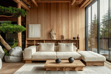 Close up of wooden round coffee table with candles near sofa. Scandinavian interior design of modern living room, home.