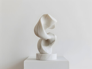 Fototapeta na wymiar A white marble sculpture of a twisted figure is sitting on a pedestal. The sculpture is abstract and has a sense of movement and fluidity. The piece is likely meant to evoke a feeling of grace
