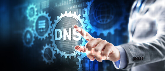 DNS. Domain name System on virtual screen. Network Web Communication 2024. Mixed media - 793550098