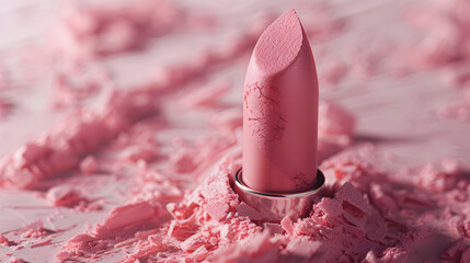 A pink lipstick is sitting on a pile of pink powder. The lipstick is slightly broken and has a slightly chipped edge. Concept of playfulness and fun, as the lipstick is not in its original form