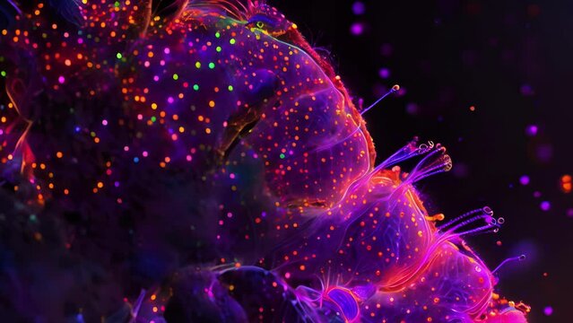 Closeup of a crosssection of a brain showing neural stem cells actively dividing and producing new neurons. .