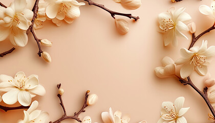 Vanilla leaf branch and flowers. Horizontal background for design, banner. Top view. Sunlight. 