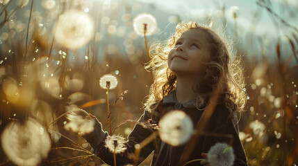 child lauging in the natur in a field at sundown