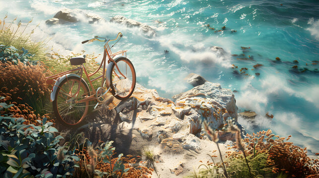 A bicycle is parked on a rocky beach next to the ocean. The scene is serene and peaceful, with the waves crashing in the background. The bicycle is a vintage model