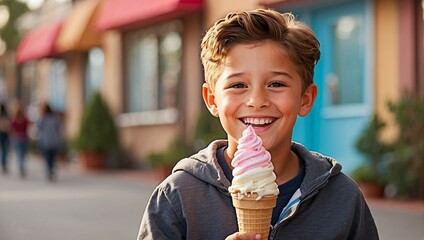A boy eating an ice cream with a big smile
