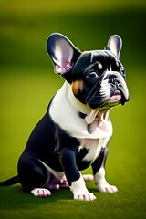 Fototapeta premium A cute little French bulldog puppy sitting on a green grassy lawn, with its head cocked and its tongue sticking out in a playful expression.