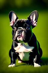 A cute little French bulldog puppy sitting on a green grassy lawn, with its head cocked and its tongue sticking out in a playful expression.