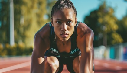 Focused female athlete in starting position