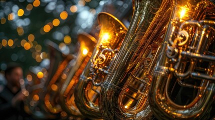 A tubas reflection catches the light, shadows playing over brass
