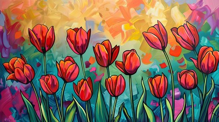 Vibrant tulips blooming against a colorful backdrop