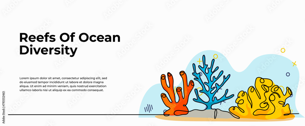 Poster vector illustration of reefs ocean diversity . modern flat in continuous line style.
