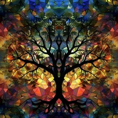 A colorful tree with a dark trunk and branches