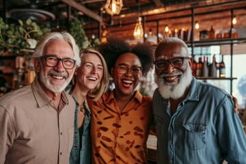 Portrait of multiethnic group of friends having fun together in a pub. Cheerful senior men and...